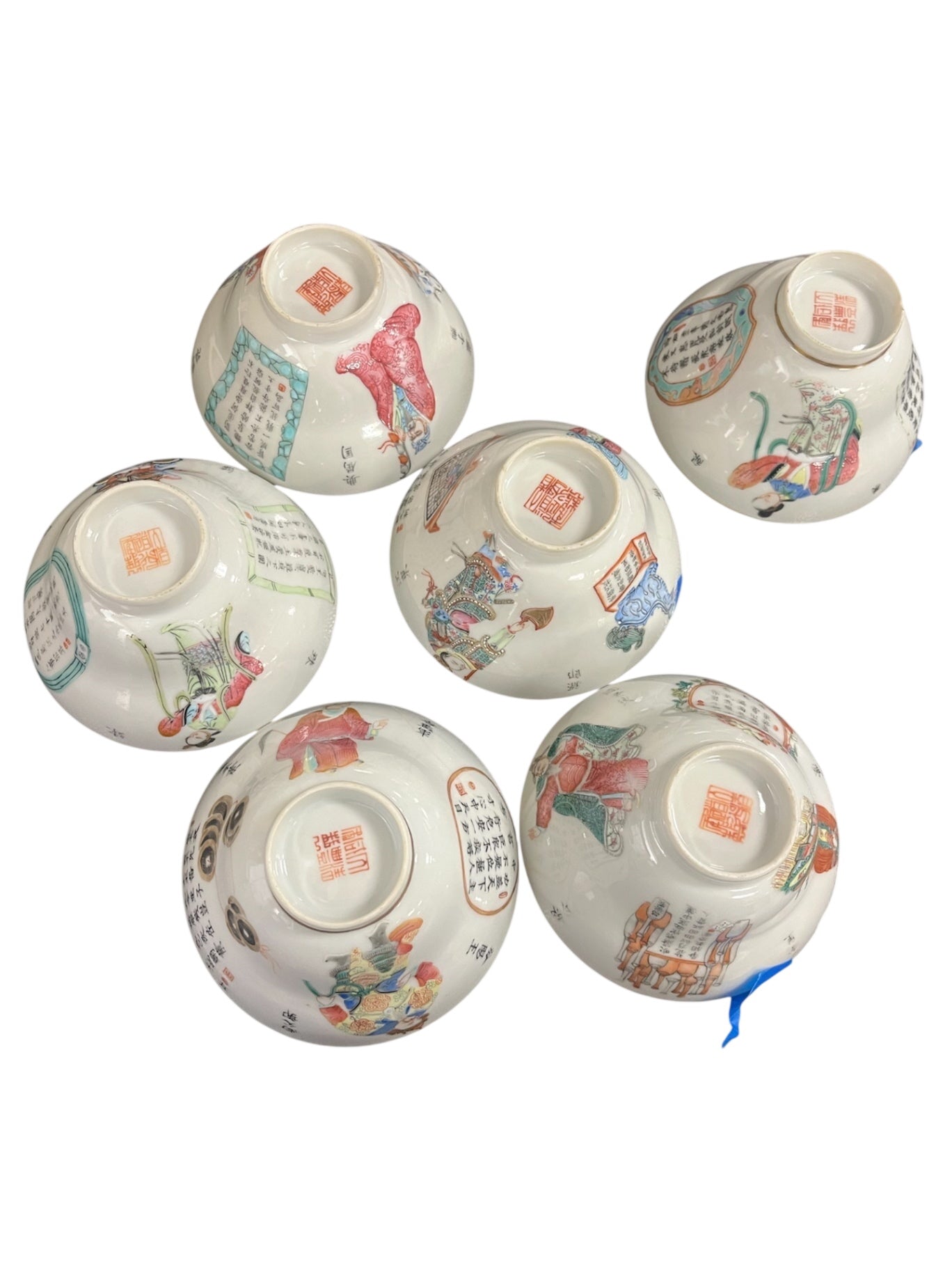 Vintage Chinese Famille Rose Porcelain Wu Shuang Pu Style 4 1/2" Rice Bowl "Table of Peerless Heroes" Pattern 1980-2010 (Cracked & Or Chipped) Set of 6