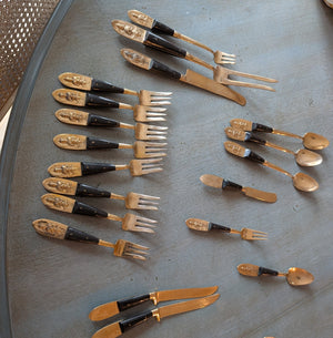 Vintage Siam Brass & Black Handle Silverware & Serverware from Thailand