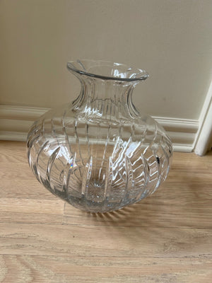 Vintage Clear Ribbed Glass Vase with Fluted Scalloped Rim - Mid-Century Modern Crystal Flower Vase 11in x 12in