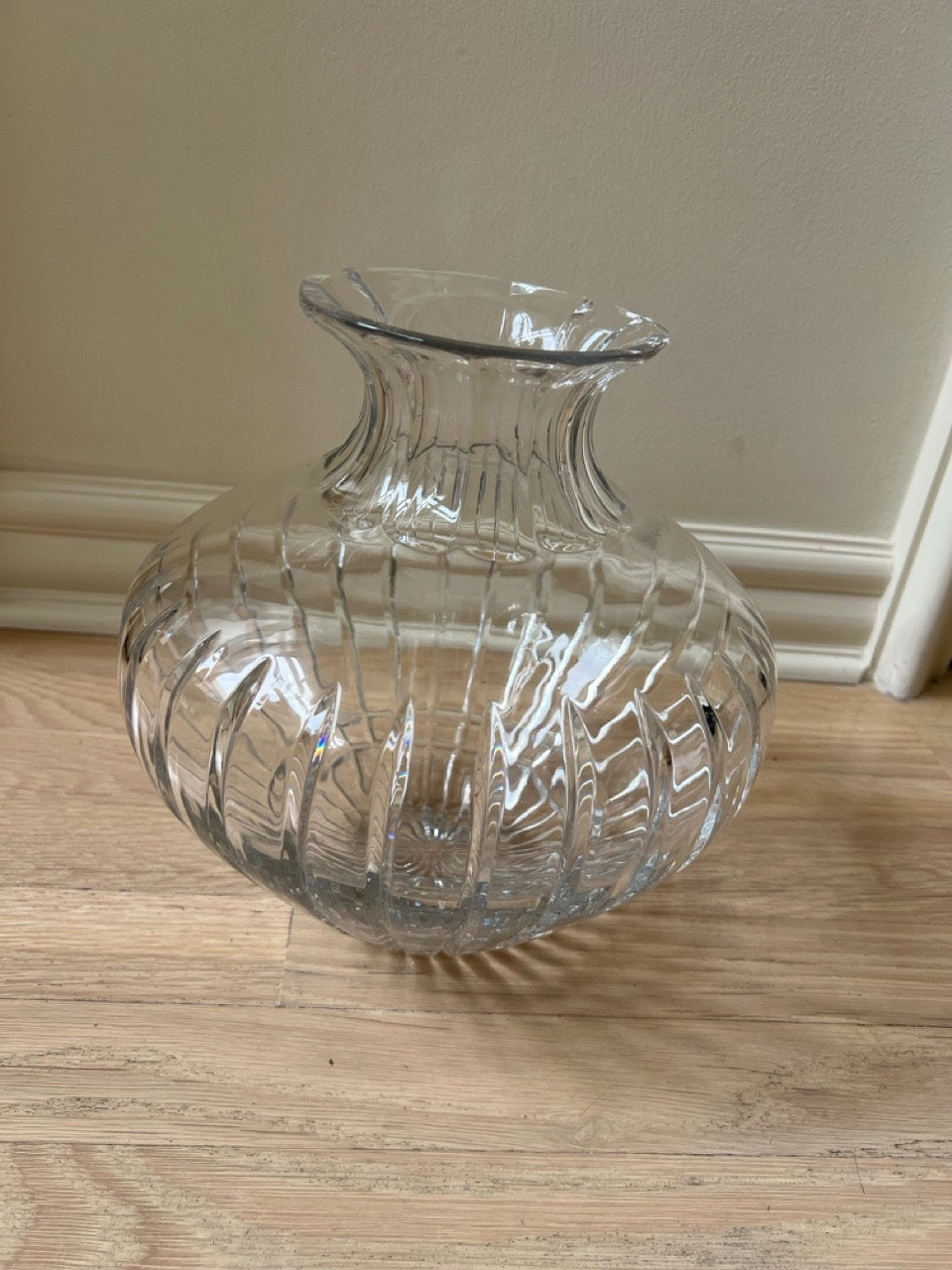 Vintage Clear Ribbed Glass Vase with Fluted Scalloped Rim - Mid-Century Modern Crystal Flower Vase 11in x 12in