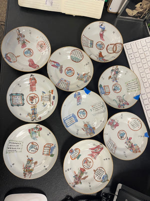 Vintage Chinese Famille Rose Porcelain Wu Shuang Pu Style "Table of Peerless Heroes" 5.75" Low Bowls Lot of 9 (Chips & Cracks)