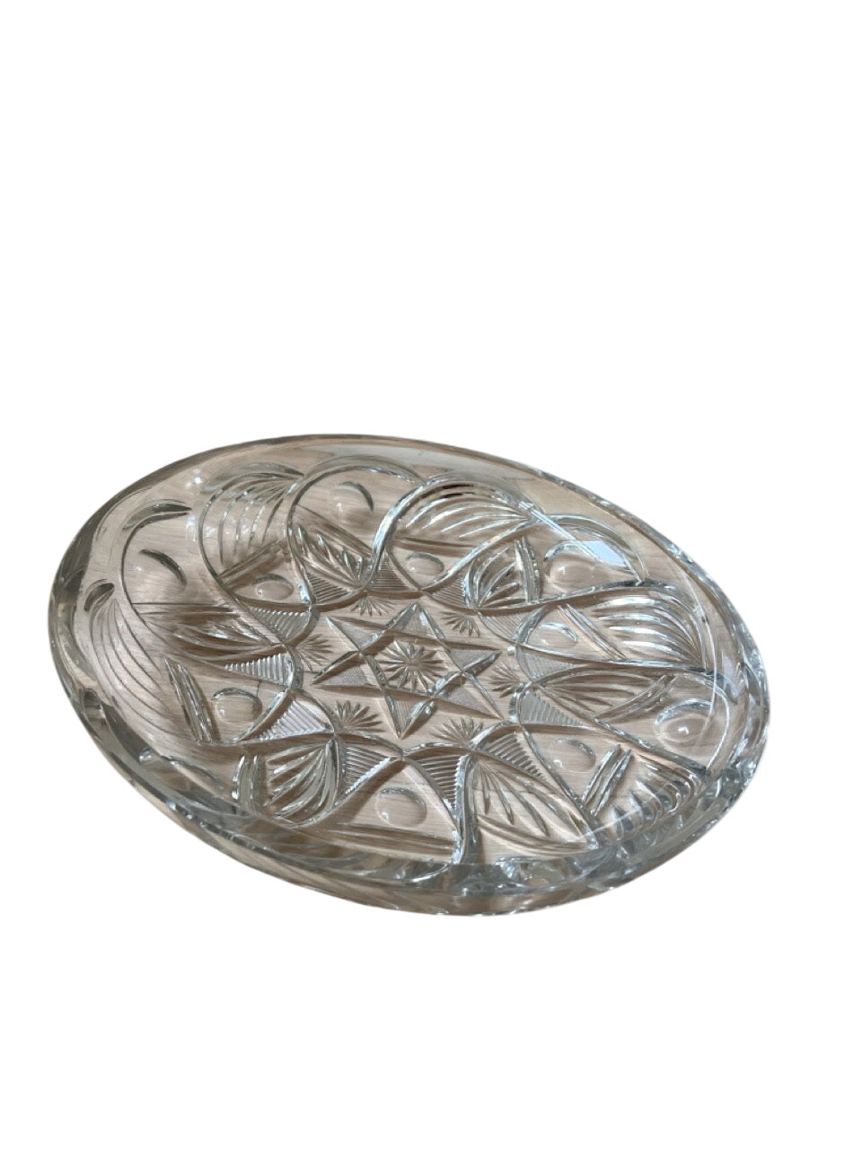 Pinwheel and Star Motif Shallow Crystal Bowl. 2in x 11.5in