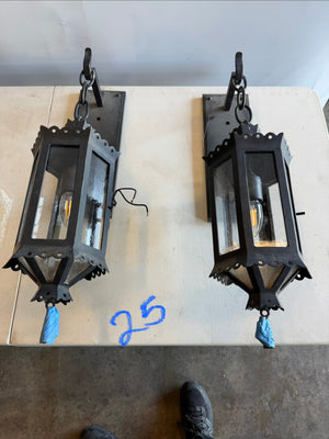 Gothic Wrought Iron Wall Lantern Sconces Set of 2 with Hexagonal Glass Panels 17 x 9 x 8"