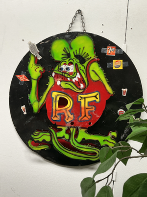 “RF” Rat Fink Style Hand-Painted Metal Advertising Sign