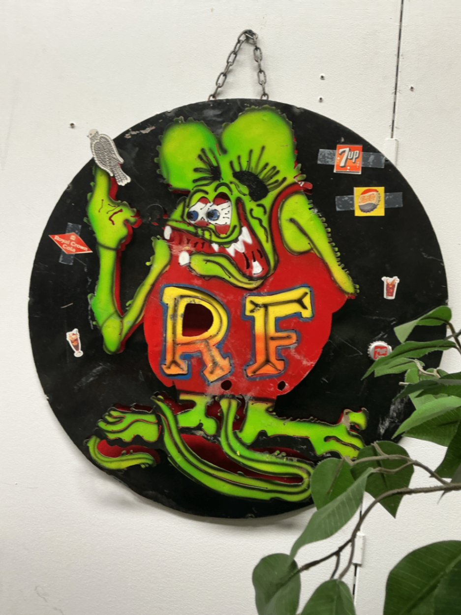 “RF” Rat Fink Style Hand-Painted Metal Advertising Sign