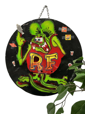 “RF” Rat Fink Hand-Painted Metal Advertising Sign