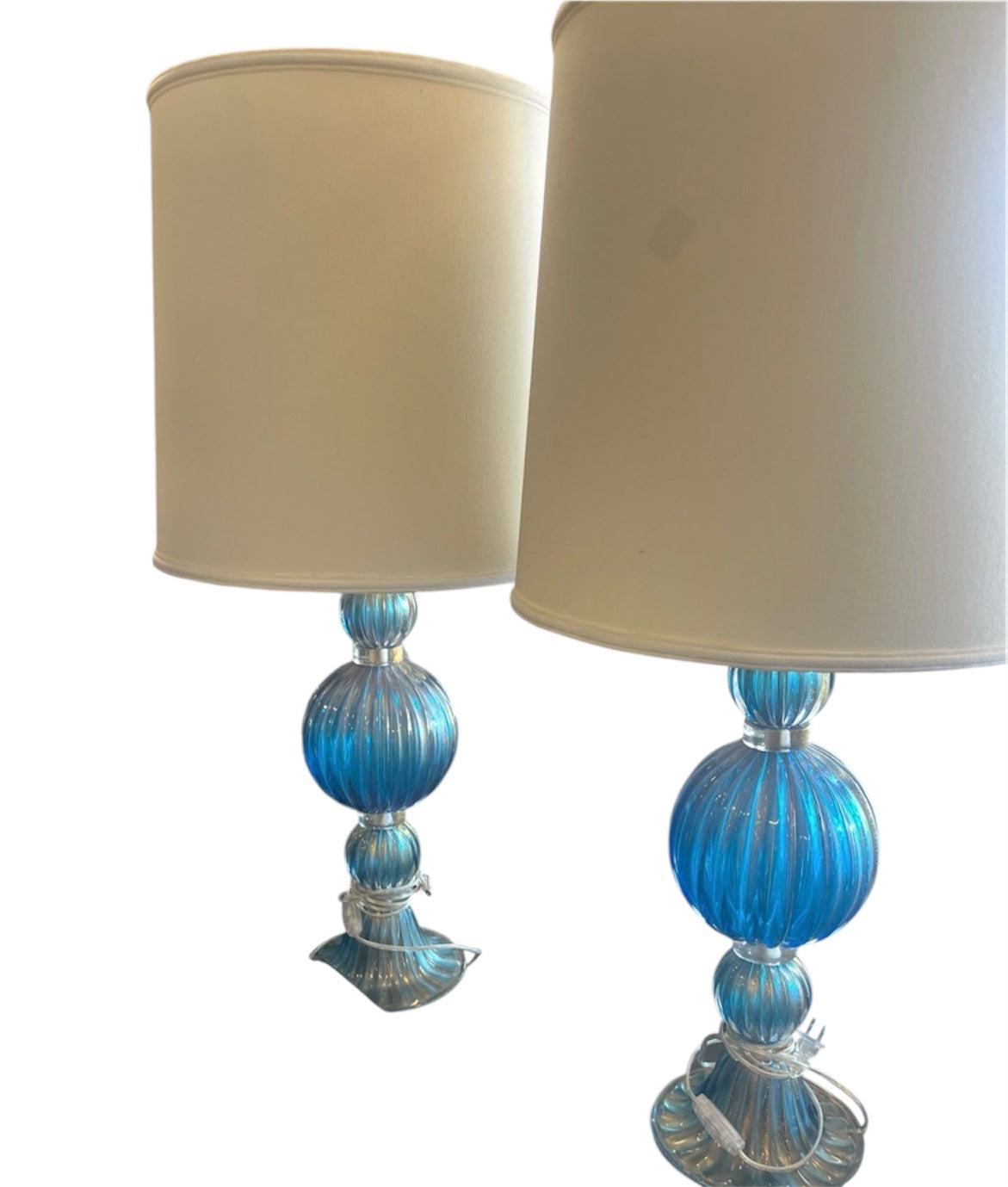 Blue Venetian or Murano Glass Lamps With Shades PAIR