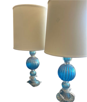 Blue Venetian or Murano Glass Lamps With Shades PAIR