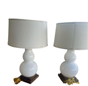 White Gourd Shaped Milk Glass or Murano Glass Lamps With Shades PAIR