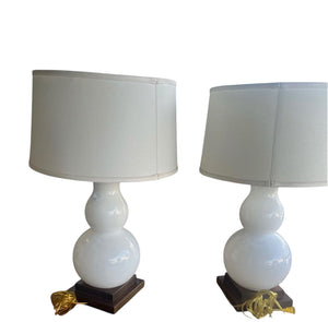 White Gourd Shaped Milk Glass or Murano Glass Lamps With Shades PAIR