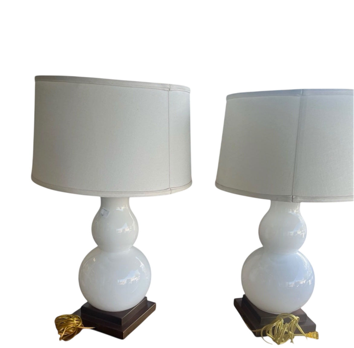 White Gourd Shaped Milk Glass or Murano Glass Lamps With Shades PAIR