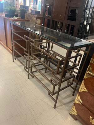Geometric Design Gold Tone Metal Glass Top Console