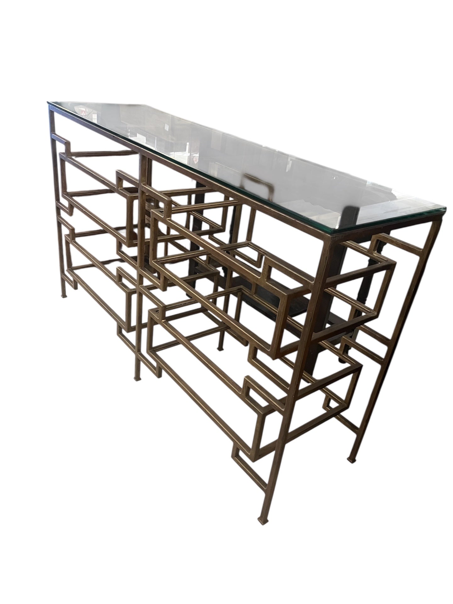 Geometric Design Gold Tone Metal Glass Top Console