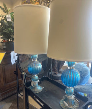 Blue Venetian or Murano Glass Lamps With Shades PAIR