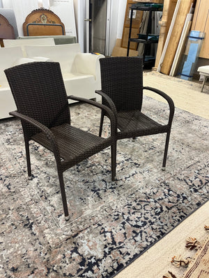 Brown Faux Wicker Arm Chairs Stackable (PAIR) Some fraying on one arm.