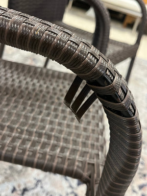 Brown Faux Wicker Arm Chairs Stackable (PAIR) Some fraying on one arm.