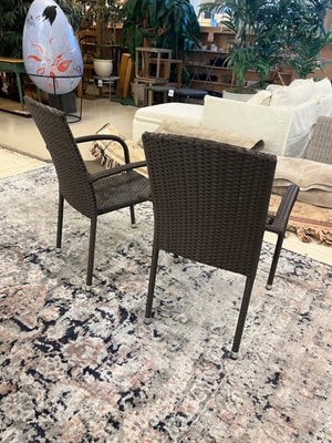 Brown Faux Wicker Arm Chairs Stackable (PAIR) Some fraying on one arm.