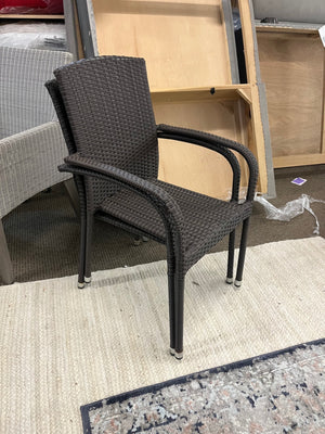 Brown Faux Wicker Arm Chairs Stackable (PAIR) Some fraying on one arm.