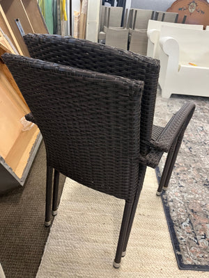 Brown Faux Wicker Arm Chairs Stackable (PAIR) Some fraying on one arm.