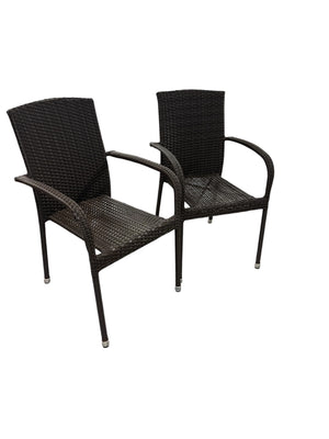 Brown Faux Wicker Arm Chairs Stackable (PAIR) Some fraying on one arm.