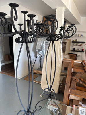 Pair of Black Wrought Iron Floor Candelabras – 72" Tall