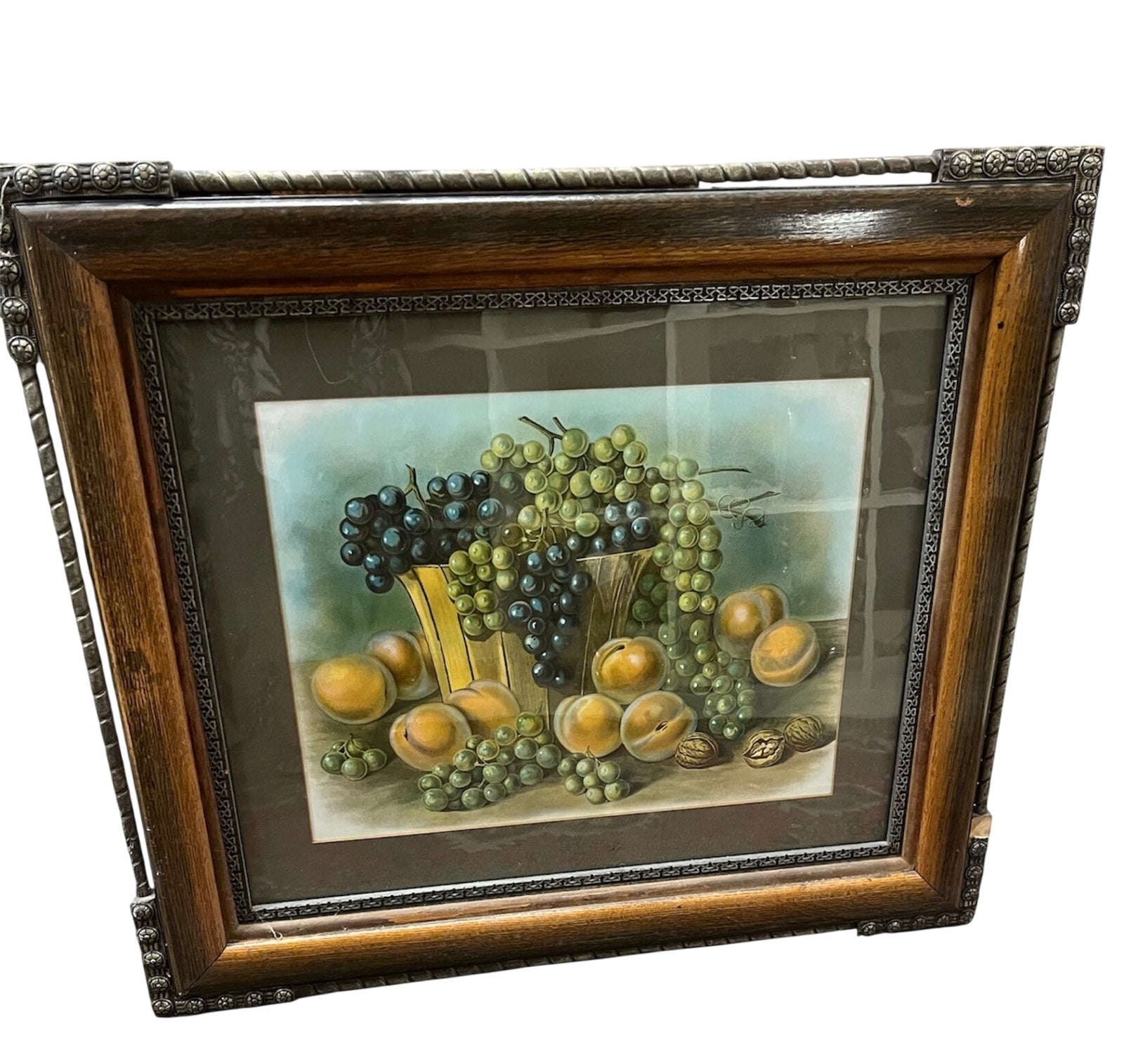 Still Life Grapes Peaches & Walnuts Oil On Board In Antique Qtr Sawn Oak & Metal Frame 31.5x27.5