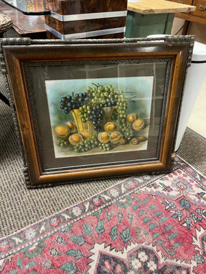 Still Life Grapes Peaches & Walnuts Oil On Board In Antique Qtr Sawn Oak & Metal Frame 31.5x27.5