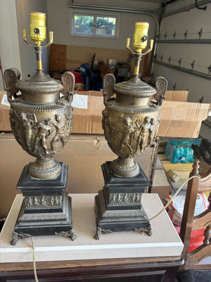 Pair of Neoclassical Figural Brass Urn Table Lamps – 24" H