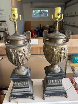Pair of Neoclassical Figural Brass Urn Table Lamps – 24" H