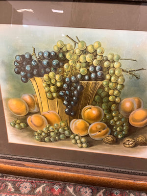 Still Life Grapes Peaches & Walnuts Oil On Board In Antique Qtr Sawn Oak & Metal Frame 31.5x27.5