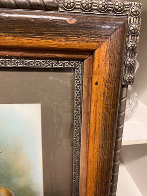 Still Life Grapes Peaches & Walnuts Oil On Board In Antique Qtr Sawn Oak & Metal Frame 31.5x27.5