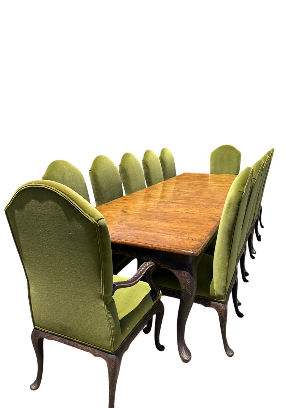 Pine Custom Chinoiserie 12 Seat Dining Table + 12 Scalamandre Chairs
