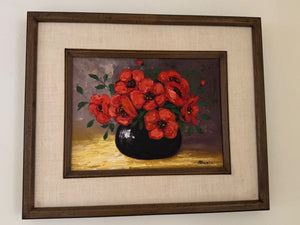 Red Poppies Still Life Oil on Canvas "Maria" 15”x18”x2”