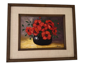 Red Poppies Still Life Oil on Canvas "Maria" 15”x18”x2”