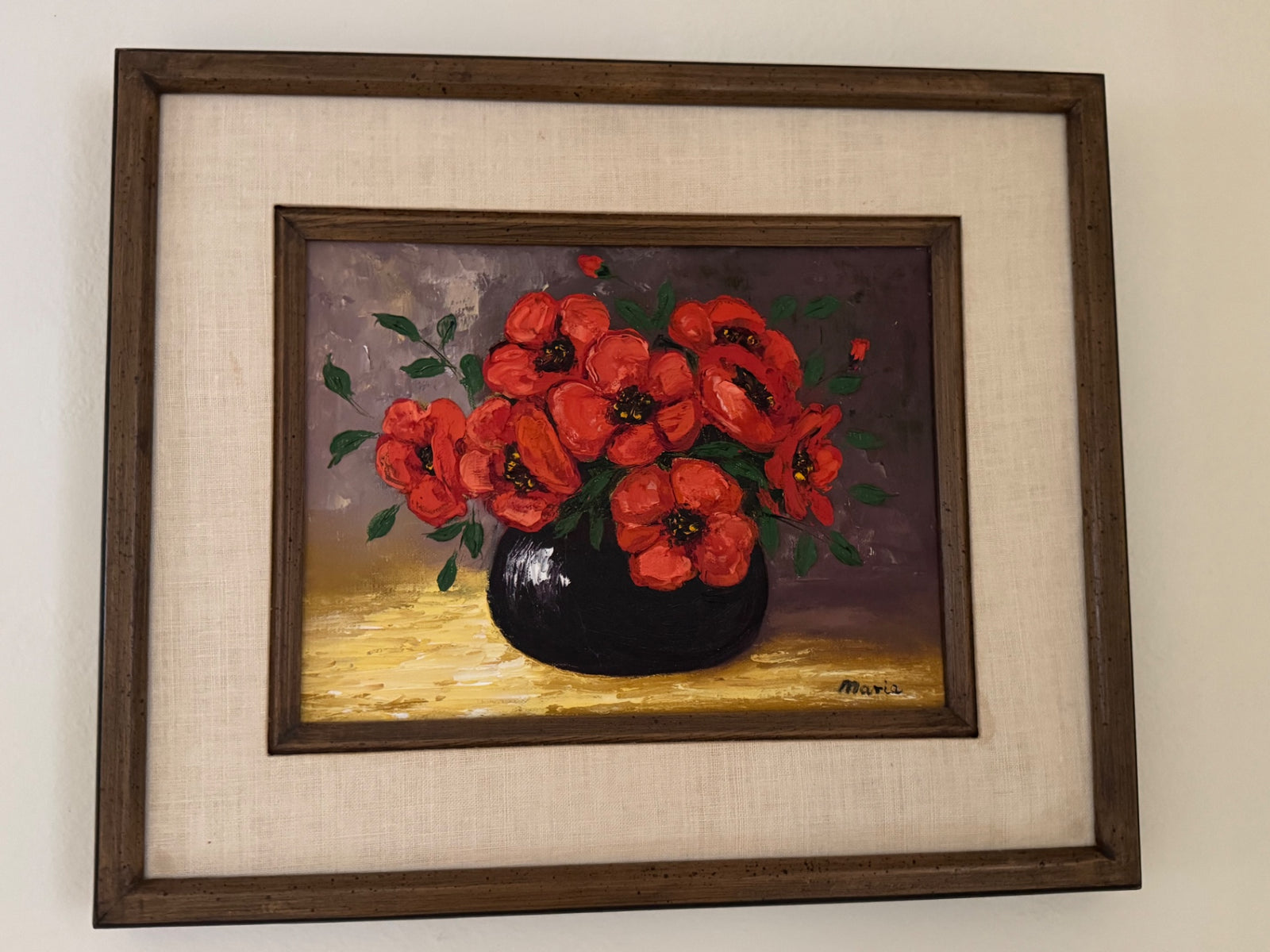 Red Poppies Still Life Oil on Canvas "Maria" 15”x18”x2”