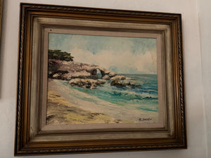 Beach Cove Oil Painting on Wood by W.E. Sorensen Gold Wooden Frame 24.5”x28”