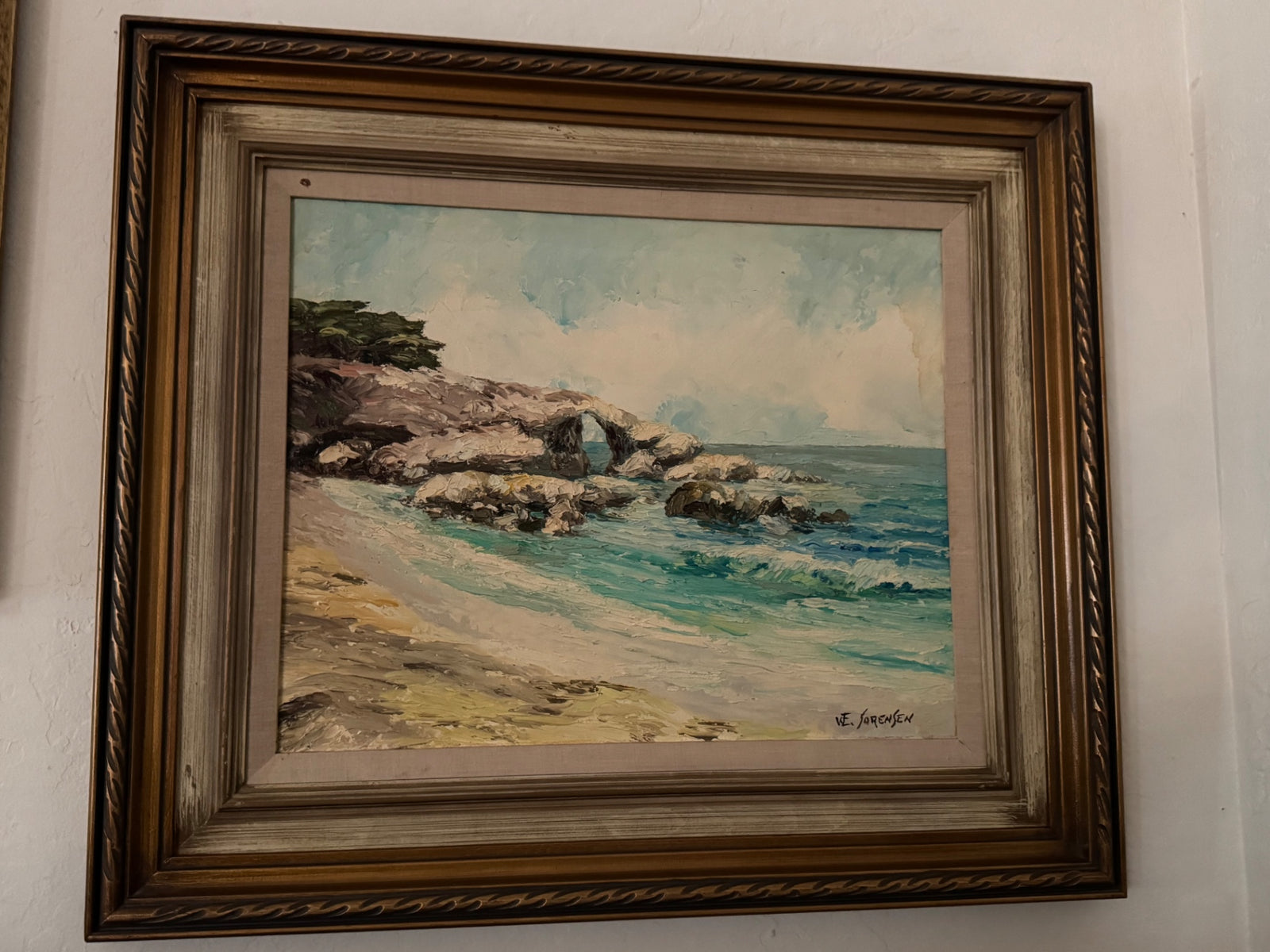 Beach Cove Oil Painting on Wood by W.E. Sorensen Gold Wooden Frame 24.5”x28”