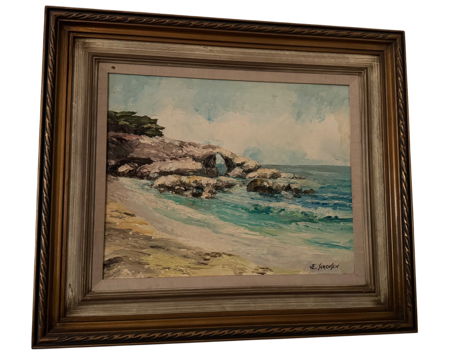 Beach Cove Oil Painting on Wood by W.E. Sorensen Gold Wooden Frame 24.5”x28”