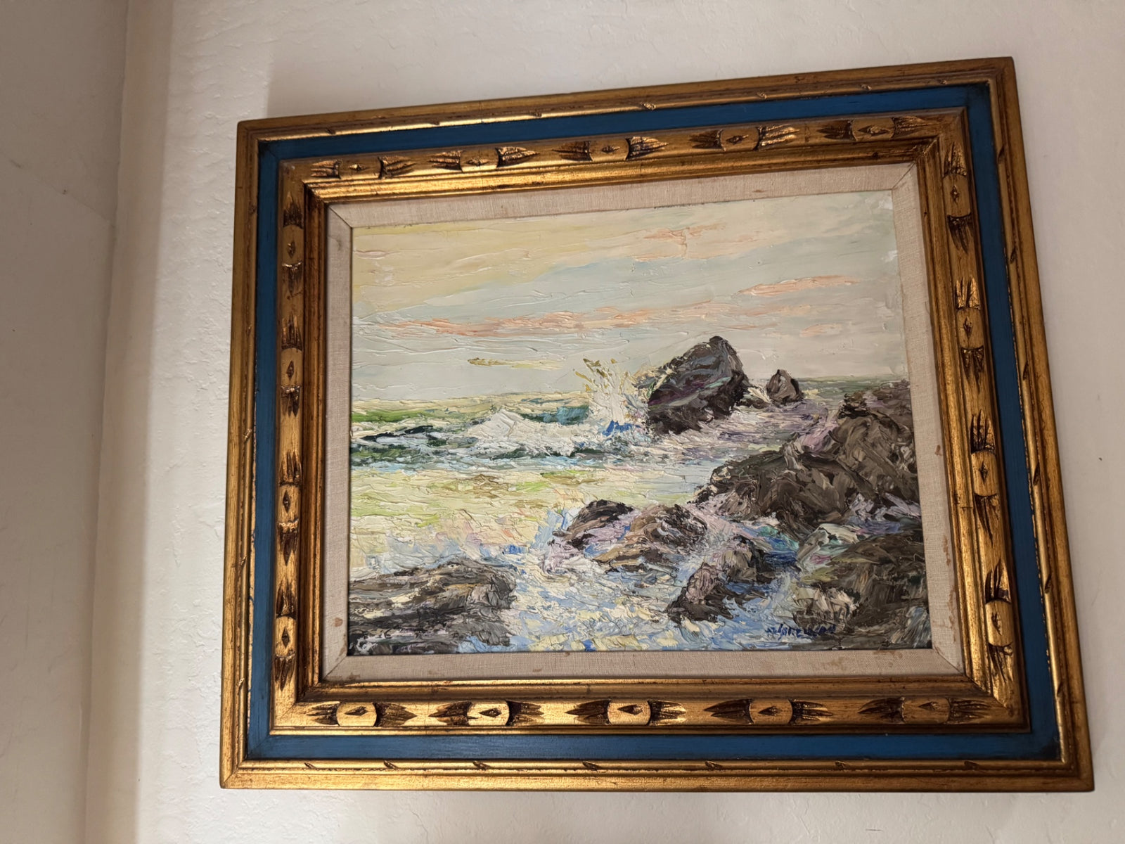Rocky Shoreline Crashing Waves Oil on Wood Blue & Gold Wooden Frame 25" x 28"
