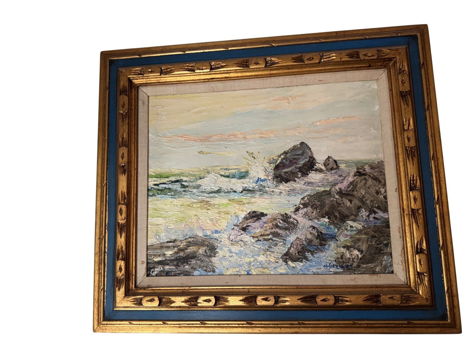 Rocky Shoreline Crashing Waves Oil on Wood Blue & Gold Wooden Frame 25" x 28"