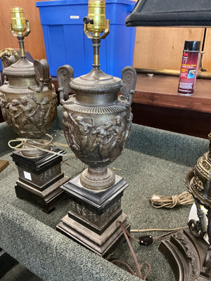 Pair of Neoclassical Figural Brass Urn Table Lamps – 24" H