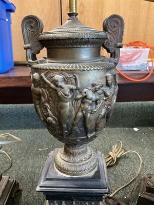 Pair of Neoclassical Figural Brass Urn Table Lamps – 24" H