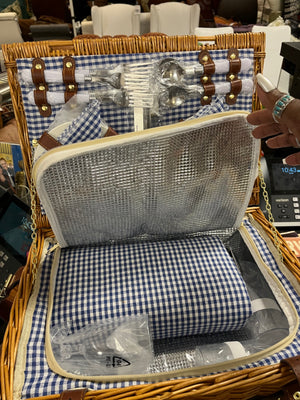 Wicker Picnic Gingham Tablecloth/Blanket 4 Napkins 4 Plates Flatware For 4 Cork Screw 4 Plastic Wine Glasses Gingham Fabric Lining Faux Leather Straps Insulated