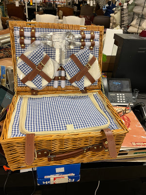 Wicker Picnic Gingham Tablecloth/Blanket 4 Napkins 4 Plates Flatware For 4 Cork Screw 4 Plastic Wine Glasses Gingham Fabric Lining Faux Leather Straps Insulated
