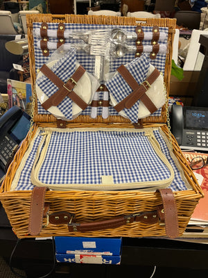 Wicker Picnic Gingham Tablecloth/Blanket 4 Napkins 4 Plates Flatware For 4 Cork Screw 4 Plastic Wine Glasses Gingham Fabric Lining Faux Leather Straps Insulated
