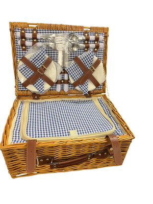 Wicker Picnic Gingham Tablecloth/Blanket 4 Napkins 4 Plates Flatware For 4 Cork Screw 4 Plastic Wine Glasses Gingham Fabric Lining Faux Leather Straps Insulated