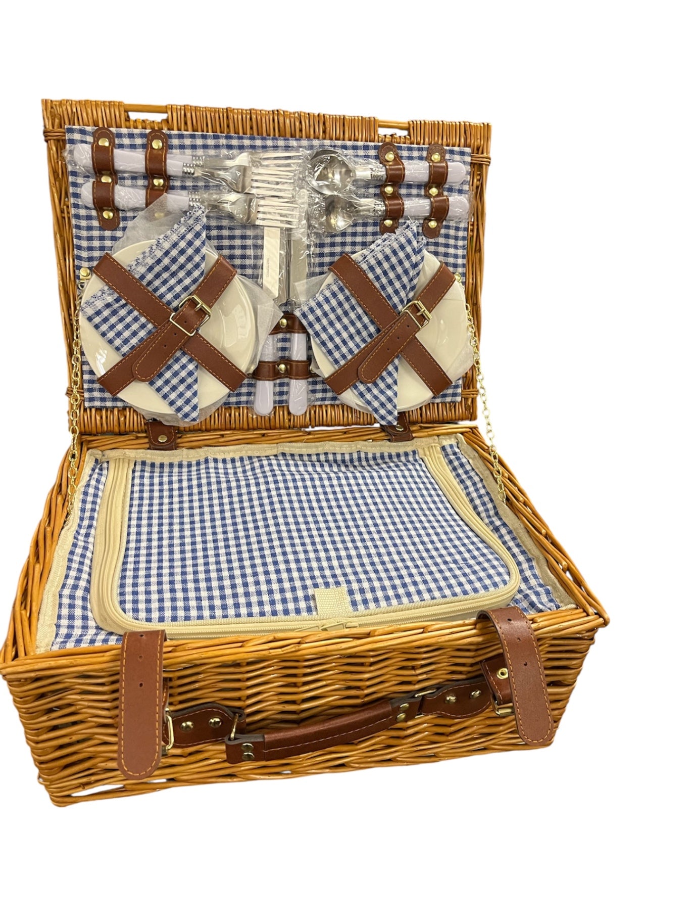 Wicker Picnic Basket Gingham Tablecloth/Blanket 4 Napkins 4 Plates Flatware For 4 Cork Screw 4 Plastic Wine Glasses Gingham Fabric Lining Faux Leather Straps Insulated