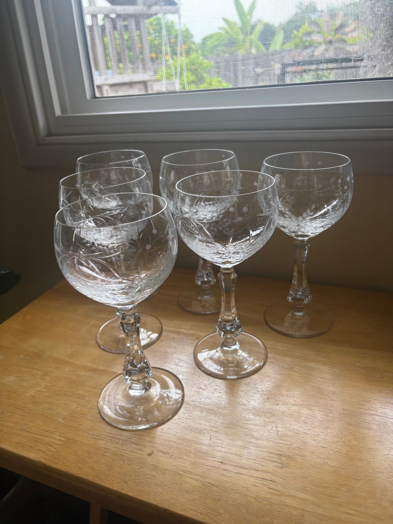 Josair Theresia Crystal Vintage Etched Wine Glasses (6) 7.5" H