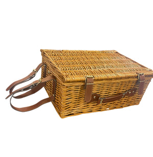 Wicker Picnic Gingham Tablecloth/Blanket 4 Napkins 4 Plates Flatware For 4 Cork Screw 4 Plastic Wine Glasses Gingham Fabric Lining Faux Leather Straps Insulated