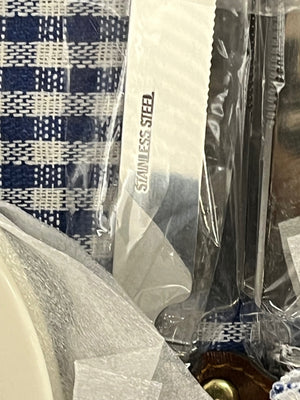 Wicker Picnic Gingham Tablecloth/Blanket 4 Napkins 4 Plates Flatware For 4 Cork Screw 4 Plastic Wine Glasses Gingham Fabric Lining Faux Leather Straps Insulated
